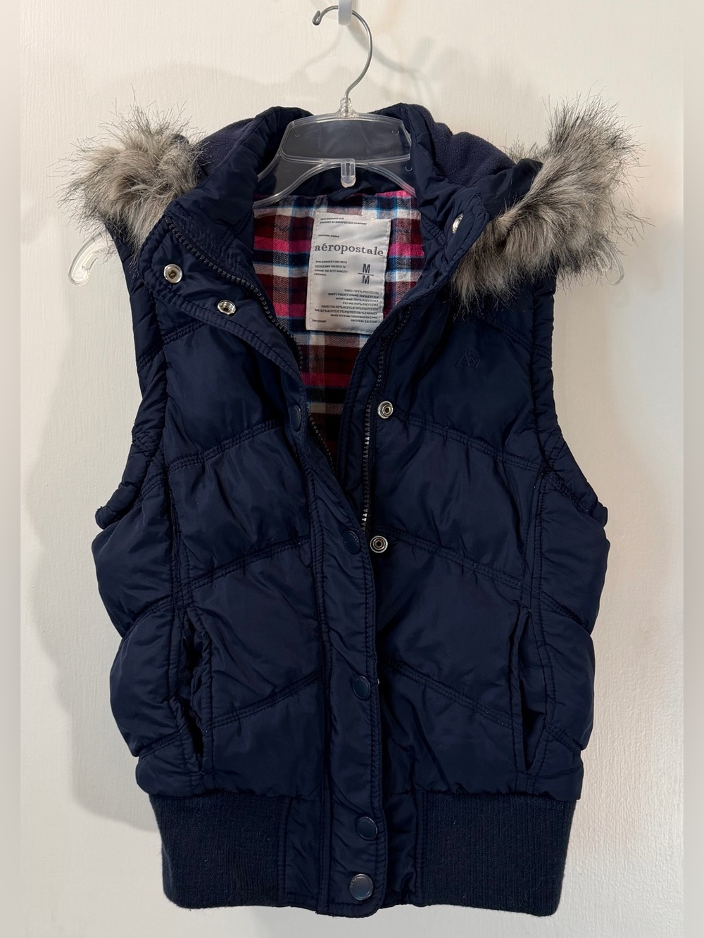 Aeropostale Navy Quilted Puffer Vest with Faux Fur Hood